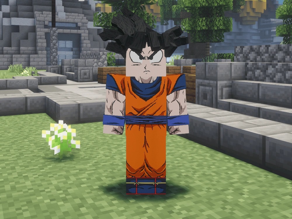 Personnage saiyan devant le temple du serveur